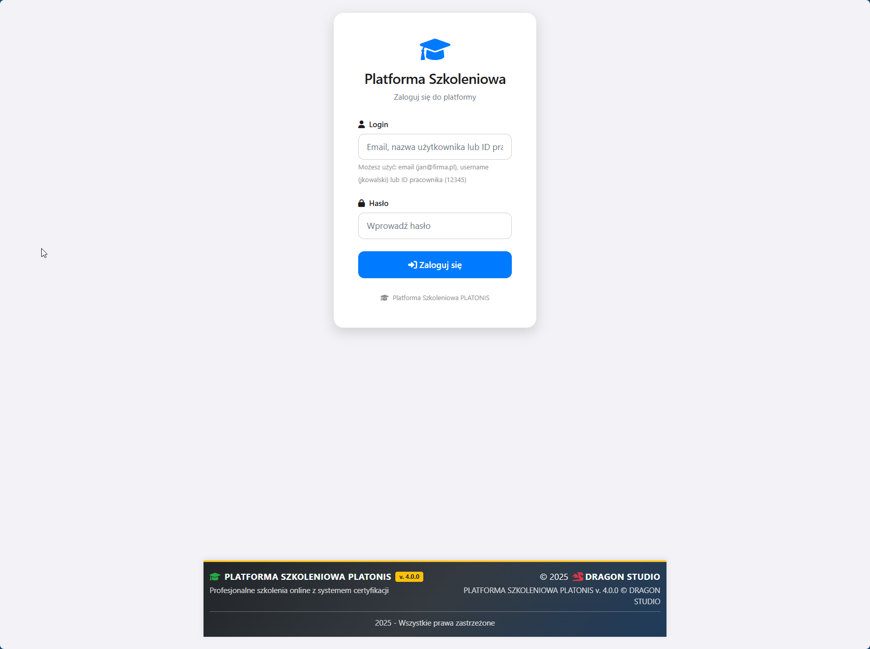 Interfejs logowania PLATONIS
