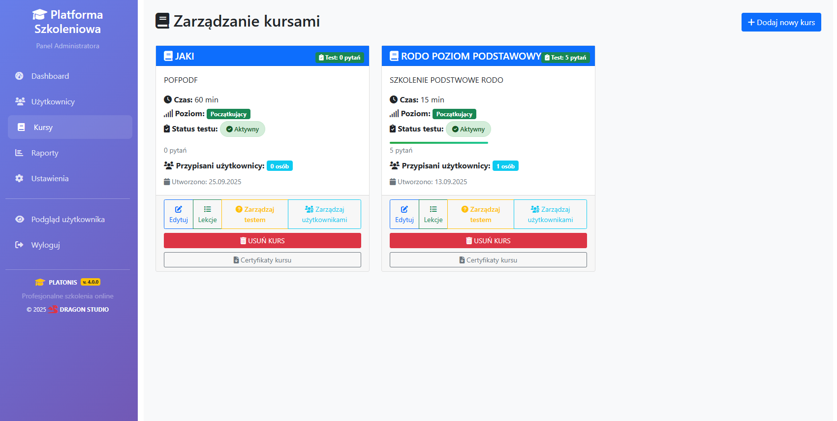 Zarządzanie kursami PLATONIS